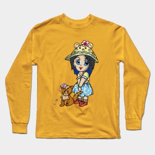 A cute cartoon girl with her cat and pink flowers Long Sleeve T-Shirt